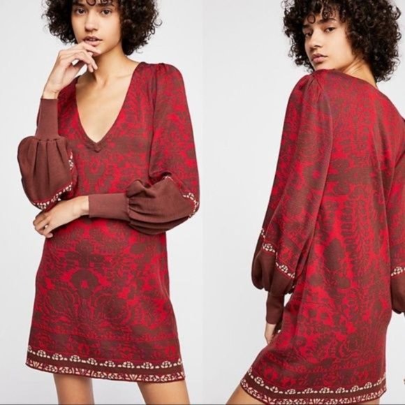 Free People Music and Lyrics Long Sleeve Printed Sweater Dress in Red Size XS - Picture 1 of 16